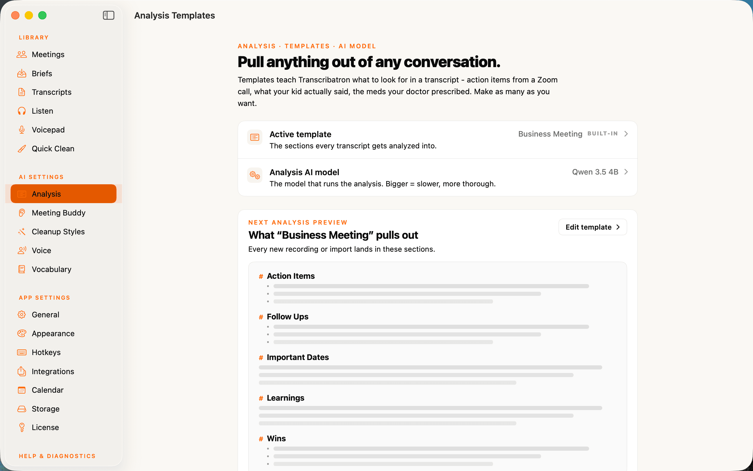 Analysis templates — what Transcribatron pulls out of a conversation