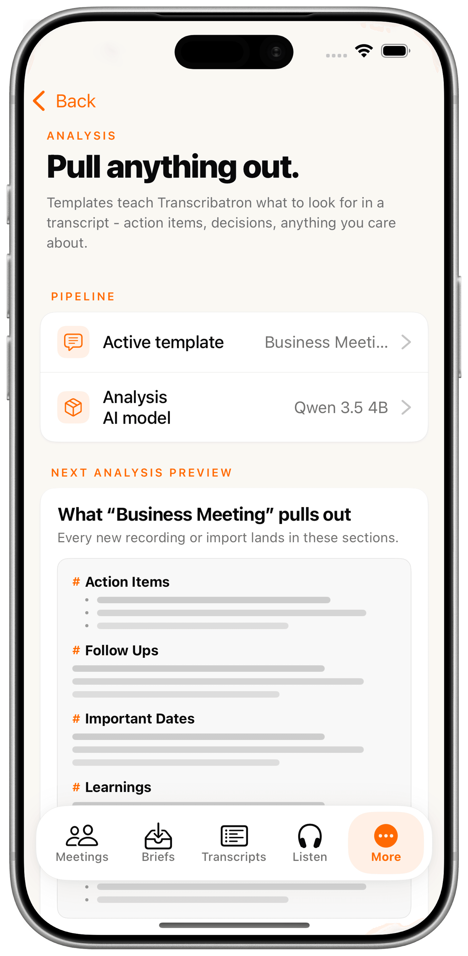 Analysis templates — what Transcribatron pulls out of a conversation